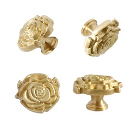 DTSFHTDAL Rose Flower Knobs Brushed Gold Cabinet Knobs Vintage Knobs Flower Shape Decorative Brass Hardware Single Hole Handls Pulls for Drawer Dresser Cupboard 4Pcs