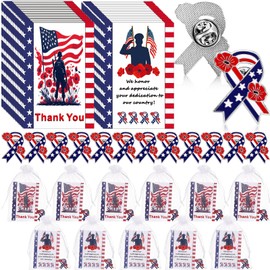 Tondiamo 60 Sets Memorial Day Poppy Lapel Pins Bulk with Patriotic Star Thank You Cards Striped Flag Flower Brooch Veterans Day Badge Souvenir for Soldier Appreciation Gift