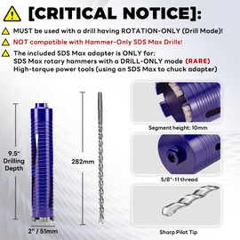 DaduoRi 2" Pro Dry Core Drill Bit with Pilot Bit & 3 Adapters (SDS Plus/SDS Max/1/2 Hex), Upgraded-Welded Blade Core Bits for Concrete with Rebar, Masonry, Brick, Mortar - 9.5" Depth, 5/8"-11 Thread