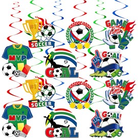 Premium 12Piece Sports Theme Soccer Hanging Decoration Kit Foil Metallic Swirls Heavy Cardstock Ball Ornaments Ceilings Doorways Party Supplies Birthday