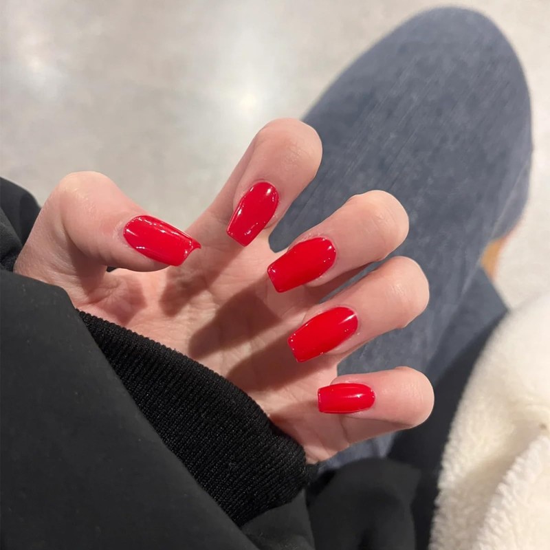 TELAIN Red Press on Nails, Short Square, False Nails with