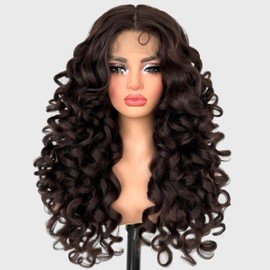 SOKU Long Curly Brown Wig, 22 Inch Glueless 13x4x1 HD Lace Front Wigs for Black Women Pre-Plucked Hairline with Baby Hair Lightweight Synthetic Curly Layered Hair Wigs(Dark Brown)