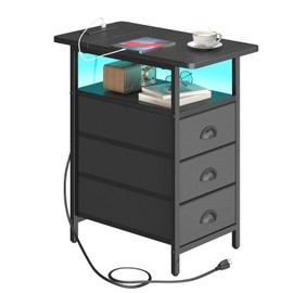 sthmec End Table with Charging Station,LED Side Tables with USB Ports and Outlets,Narrow Nightstands Bedside Tables with 3 Drawers PU Finish for Small Space,Slim Sofa Table for Livingroom,Black