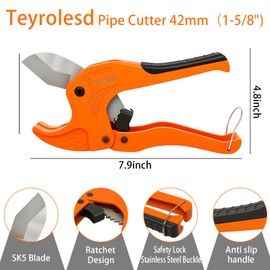 TEYROLESD 1-5/8" Ratchet PVC Pipe Cutter - Heavy-Duty Orange PEX/PVC Pipe Cutter with Stainless Steel Blade & V-Shaped Edge | Extended Handle & Adjustable Jaw，Plastic Pipe Cutter