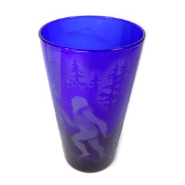 IncisoArt Hand Etched Cobalt Blue Cooler Goblet Sandblasted (Sand Carved) Glass Cup 17 Ounce Handmade US Engraved (1, Cobalt Blue Big Foot UFO Forest Mountain)