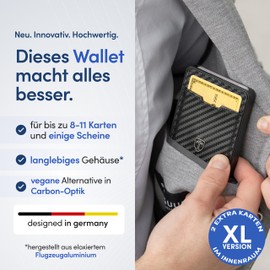 TRAVANDO SWYPE Aluminium Slim Wallet - Men's Carbon Wallet Small with RFID Protection - Small Mini Wallet Men with Money Clip - Card Case with Money Clip, XL carbon, Money compartment