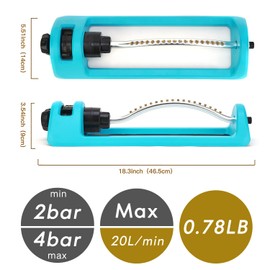 Lawn Sprinkler, 18-Hole Brass Nozzle Oscillating Watering, Gardening Tool for Lawns up to 3,600 Square Feet, Nozzle Cleaning Tool Build on The End of The Product, Blue