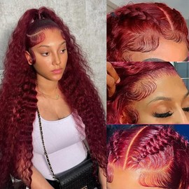 Bworto Burgundy Wig Human Hair 99j Burgundy 13x6 Deep Wave Lace Front Wigs Human Hair Pre Plucked HD Transparent Lace Frontal Wigs for Black Women Red Colored Wig 24 Inch