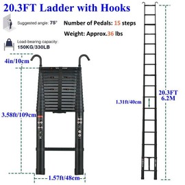 Black Telescopic Aluminum Ladder, 6.2M/20.3FT Telescopic Extension Ladder with Detachable Hooks, Anti-Slip Multi Purpose Extendable Loft Ladder Portable Folding Ladder, 15 Step, Max Load 150kg, EN131