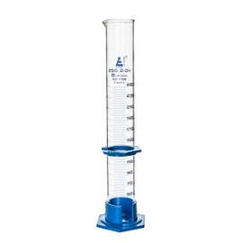Measuring Cylinder, 250ml - Class B - Detachable, Plastic Hexagonal Base & Protective Collar - Blue Graduations - Borosilicate Glass - Eisco Labs