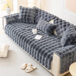 tianxinbaobei Faux Fur Couch Cover,Rabbit Plush Couch Cover,Non-Slip Couch Cover Furniture Protector (Dark Grey, 36"x82"/4-Seater Sofa Cover)