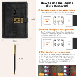 ZukoCert Journal With Lock A5 PU Leather Diary With Lock 240 Pages, Retro Journal With Lock And Key To Protect Your Privacy, Unisex.（Deer Head Style, Black）