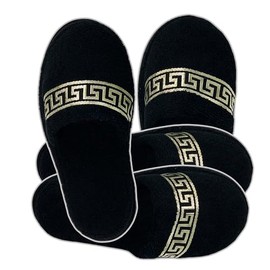 Belle Arti Hotel Slippers Terry Slippers Meander Design in Black Gold Bath Slippers for Men and Women 100% Cotton Terry Cloth, Set of 2