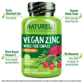 NATURELO Vegan Zinc Immune Support Capsules - Whole Food Complex with Vitamin C for Healthy Skin, Hair, and Nails - 120 Capsules (Pack of 2)