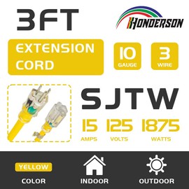 HONDERSON Extension Cord Weatherproof with Lighted End, UL Listed, 10 Gauge 3FT Yellow 3 Prong Heavy Duty, 10/3 SJTW 15A Power Cord for Lights, Lawn