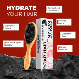 Bossman Men's Boar and Nylon Bristle Hair and Beard Brush - Detangling & Straightening Wooden Oval Wet Brush - Ergonomic Bamboo Design