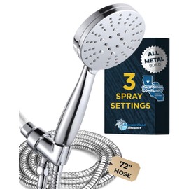 HammerHead Showers® Solid Metal 3-Spray Handheld Shower Head with Extra Long Hose and Shutoff Valve – Chrome - Perfect Dog Shower Head Attachment with 3 High Pressure Sprays - 2.5 GPM