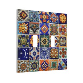 Vintage Mexican Talavera Tiles 2 Gang Light Switch Plate Cover Decorative Double Toggle Wallplate Electrical Faceplate for Kitchen Bathroom Home Decor