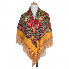 Women Russian Style Peony Floral Printed Long Tassel Large Square Scarf Warm Big Size Rectangular Cotton Wrap Traditional Ethnic Style Mexican Shawl Travel Sun Protection Cheongsam Cover-up Cloak