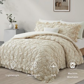 BEDAZZLED Comforter Set Queen Size, 3 Pieces Bed in a Bag Pinch Pleat Exquisite Comforter, Boho Down-Alternative Bedding with Ruffled Shams All Season Available, Beige (90"*88")