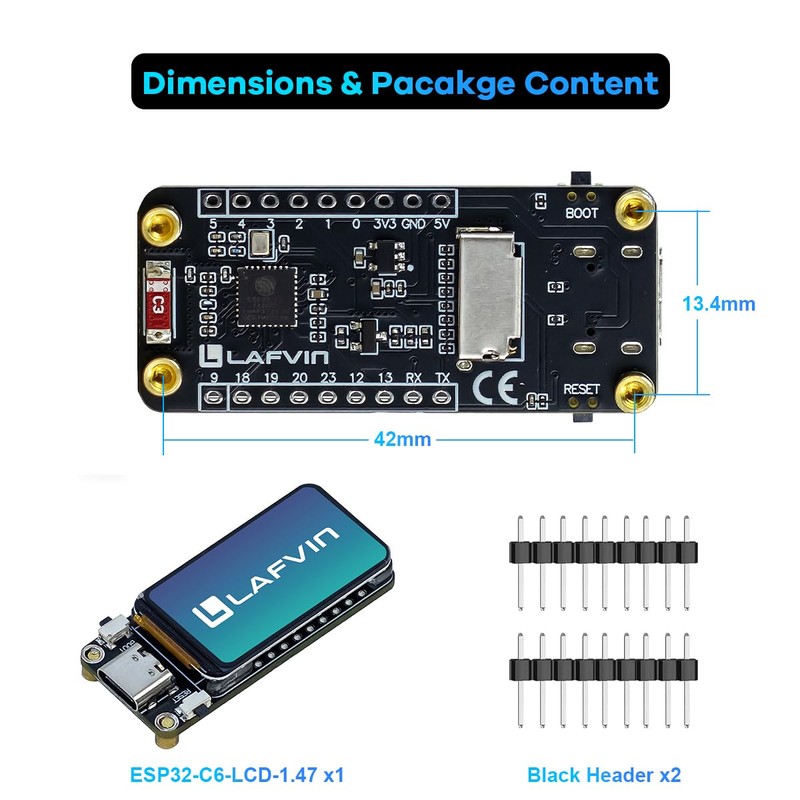 LAFVIN ESP32-C6 Development Board with 1.47inch 172×320 262K LCD Display,