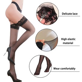GROVL 4 Pairs Lace Silk Thigh High Stockings,Delicate Lace Silk Stockings，One Size Fits All,Hold Up Stockings For Women， In Classic Black，Silky Smooth Transparent Black Stockings