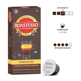 Roastesso, Aluminum Espresso Capsules, Natural Chocolate Flavored Coffee, Compatible with Nespresso Original Machines, Medium Roast Intensity 9, Recyclable Coffee Pods, Packed in USA (40 Count)
