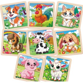 Puzzles for Toddlers 2-4，9 Piece Farm Animals ＆ Pets Wooden Jigsaw Puzzles for Kids Ages 3-5 Year Old，8 Packs Preschool Learning Activities, Learning & Educational Toys, Gift for Boys, Girls
