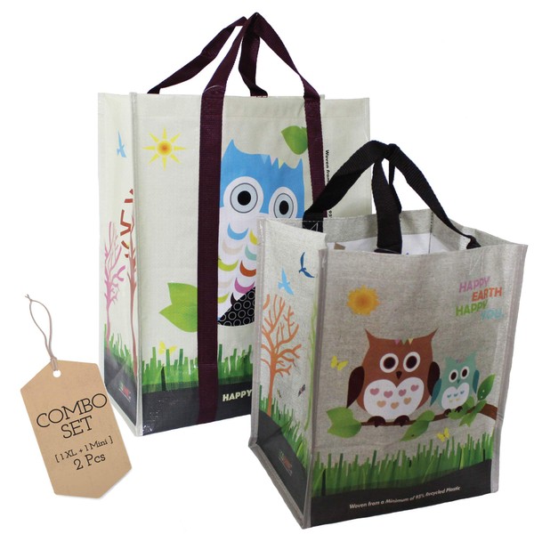 (1XL + 1Mini=2pcs) EcoJeannie Woven Reusable Shopping Tote Bags Recycled Plastic