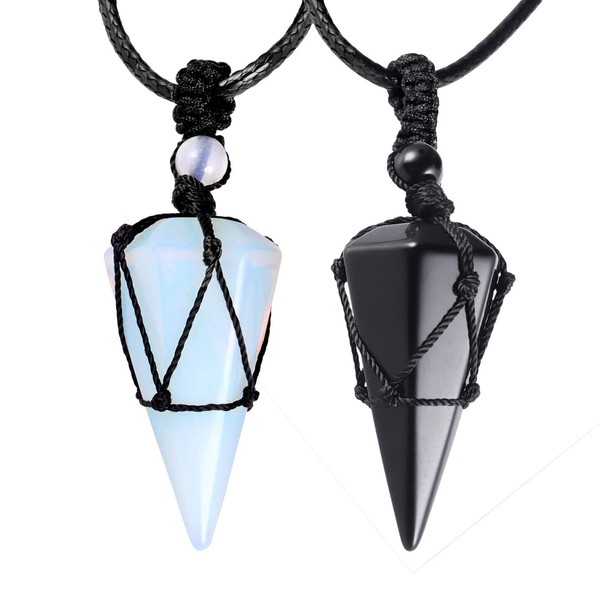 SUNYIK Pack of 2 Black Obsidian & Opalite Pendant Necklace for Couple, Black and White Crystal Point Couple Necklace for Him and Her for Valentine's Day