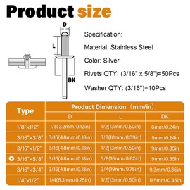JTAREA 3/16" x 5/8" Stainless Steel Pop Rivets with Stainless Steel Washers 4.8 x 16mm Blind Rivet Assortment Kit (Pack of 60pcs)