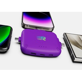 Rush Charge Universe 3 in 1 Portable Charger 3300mah, 2.4A High-Speed Fast Charging Compatible with iPhone and Android Lightning, Type C, Micro-USB Charges 3 Devices at a Time Pre-Charged RC33 Purple