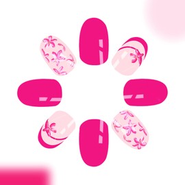 Oval Press on Nails Short Fake Nails French Tip Nails Press ons Glossy Glue on Nails Rose Red False Nails with Flower Silver Glitter Designs Artificial Stick on Nails for Women 24Pcs