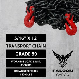 4-Pack Falcon Cargo 5/16" X 12' Grade 80 Transport Binder Chain - 4500LB WLL - Clevis Grab Hook, Tie-Down, Towing