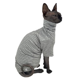 Vintage Stripes Sphynx Hairless Cats Shirt Cotton Cat Turtleneck Pet Clothes Kitten T-Shirts with Sleeves for Sphynx Cornish Rex, Devon Rex, Peterbald (Grey Stripe, X-Large (Pack of 1))
