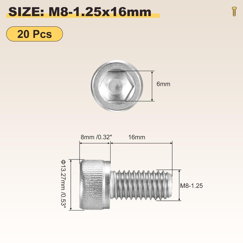 METALLIXITY Socket Head Cap Screw(M8-1.25x16mm)20Pcs, 304 Stainless Steel Allen Socket