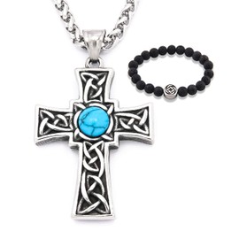 Gungneer Stainless Steel Celtic Cross Pendant Necklace, Blue Turquoise Celtic Knot Talisman Jewelry For Men Women