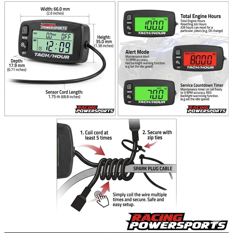 RacingPowerSports Backlit Digital Tach Tachometer Hour Meter ATV Boat Bike