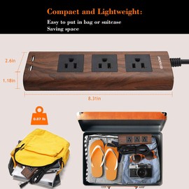 10Ft Extension Cord with USB Ports, JACKYLED Flat Plug Brown Power Strip Surge Protector 3 Widely Spaced Outlets, Electrical Outlet Extender, Desktop Charging Station, Walnut Wood Grain