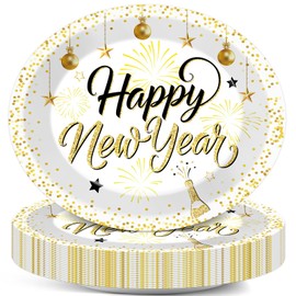 50Pcs Happy New Year Party Oval Plates 11 Inch Disposable Black Gold New Year Paper Plates Winter Tableware Dinnerware Set Holiday Platter Dish Tray for New Year Eve Party Decoration Supplies 2025
