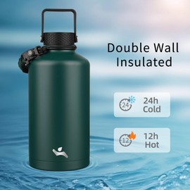 Konokyo Insulated Water Bottle with Straw,87 oz 3 Lids Water Jug with Carrying Bag,Paracord Handle,Double Wall Vacuum Stainless Steel Metal Flask,Dark Green