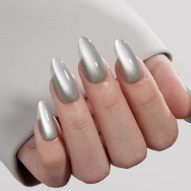 VSALON VSALON Press on Nails Medium Almond - Green Cat Eye Glassy Glitter Holographic Nails Kit for Women, Reusable Fake Nails & Soft Gel Nail Glue, Protector Cuticle Oil, Tabs & Nail File 32 PCS in 16 Sizes