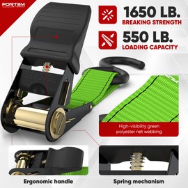 FORTEM Ratchet Straps, 1650lb Break Strength, 4 Pack 15ft x 1in Tie Down Strap Set, 4 Soft Loops, Motorcycle Straps Tie Downs, Cargo Cam Buckles for Trucks, Rubber Handles, Carry Bag