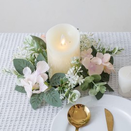 2 Pack Candle Rings Artificial Hydrangea Eucalyptus Leaves Wreaths Small Boho Wreath Pillar Candle Holder for Easter Wedding Home Door Tabletop Decoration (Pink)