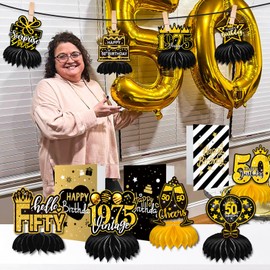 15PCS 50th Birthday Decorations for Men and Women - Black and Gold Table Centerpieces and Greeting Cards - Cheers to 50 Years Honeycomb Party Decor - 1975 Birthday Table Decorations for Him Her