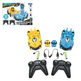 Lexibook, Crosslander® RC Bumper, Set of 2 Radio-Controlled Racer Bumper Cars, up to 12 km/h (7mph), 2 Removable Characters, Sound and Light Effects, Yellow/Blue, RC2