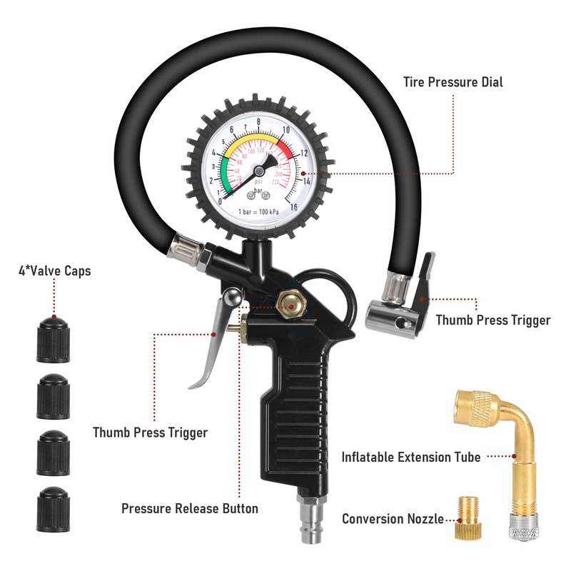 GLOSKIN Reifendruckprüfer, 220PSI Luftdruckprüfer Mit Ventilkernwerkzeug, Reifenfüller Mit Manometer,Reifenfüller Geeicht,Kompressorteil