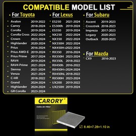 CARORY Cabin Air Filter w/Activated Carbon for Select 2016-2024 Toyota, Lexus, Subaru, Mazda Models - Avalon, Camry, Corolla, Highlander, Prius, RAV4, Sienna, ES250, ES350, NX250, CF12157, and More