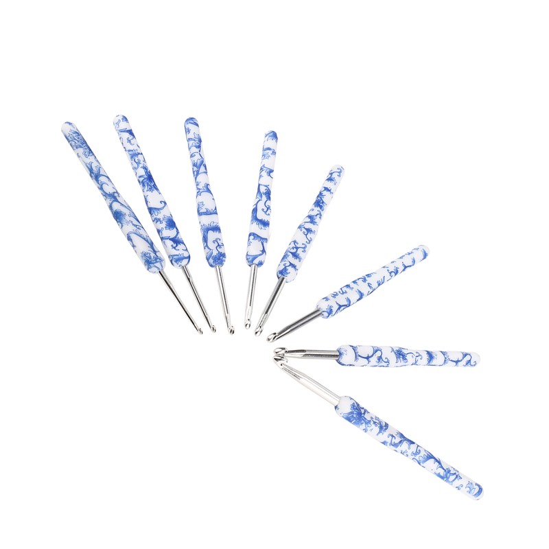 8pcs Crochet Hook Set Blue White Porcelain Printing Hand Polished