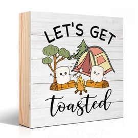 Vgrti Let's Get Toasted Wooden Box Sign, Campfire Camping Desk Decor for Home Bedroom Camper RV Shelf Table Outdoor Party, Birthday Gifts for Camping Travel Lovers Friends